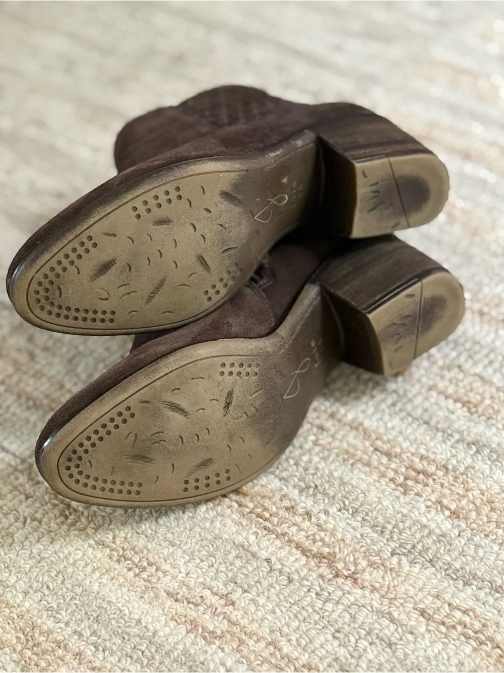 Joie Chocolate Brown Suede Ankle Booties Woven Detail Block Heel Zip Size 8.5